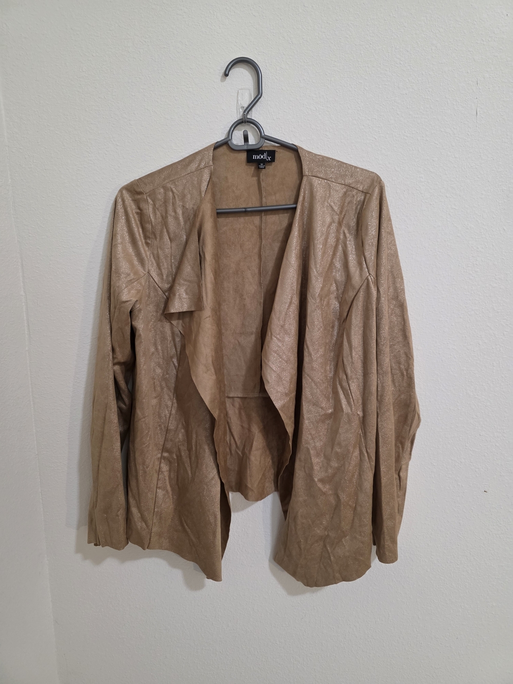 Modex Taupe Faux-Leather Draped Open Blazer